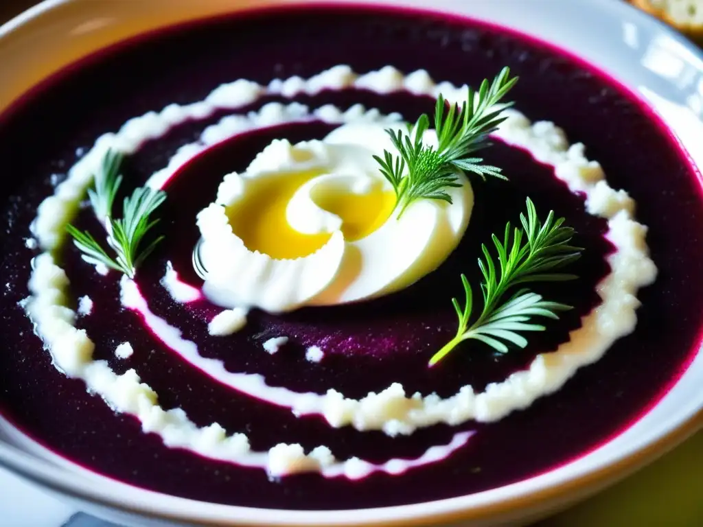 Una vista cercana de un vibrante tazón de sopa borsch, con tonos púrpuras de caldo de remolacha y crema agria, decorado con eneldo y aceite de oliva