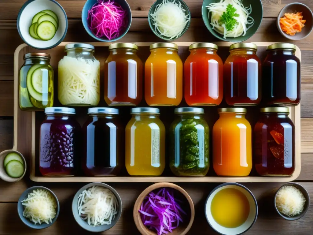 Una vista detallada de alimentos fermentados en gastronomía histórica con sauerkraut, kimchi, pickles y kombucha en tablas de madera rústica