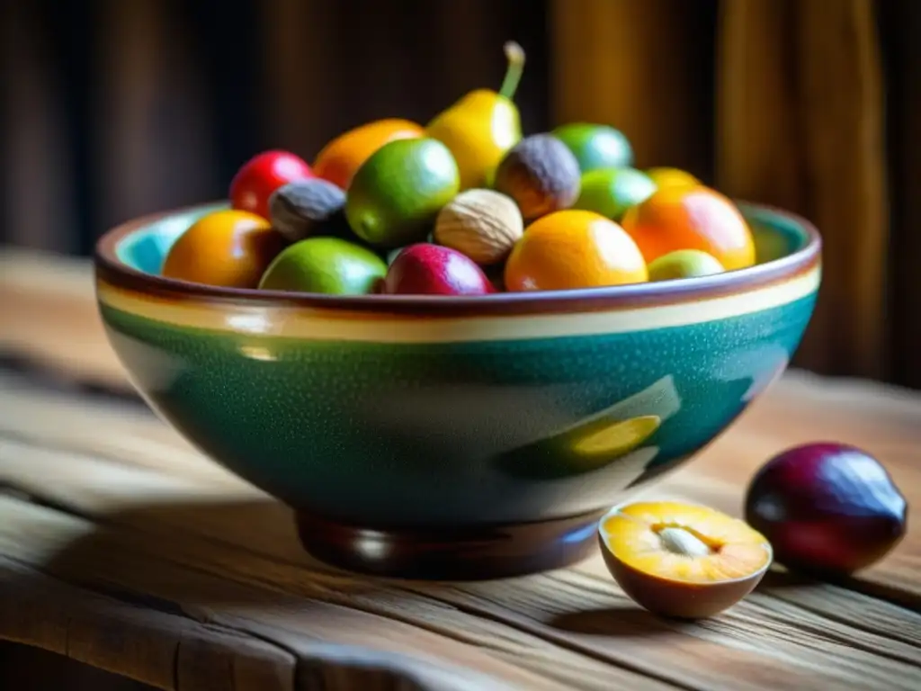 Una vista detallada de un antiguo cuenco de cerámica lleno de vibrantes frutas y nueces amazónicas, iluminado por luz natural en una mesa rústica