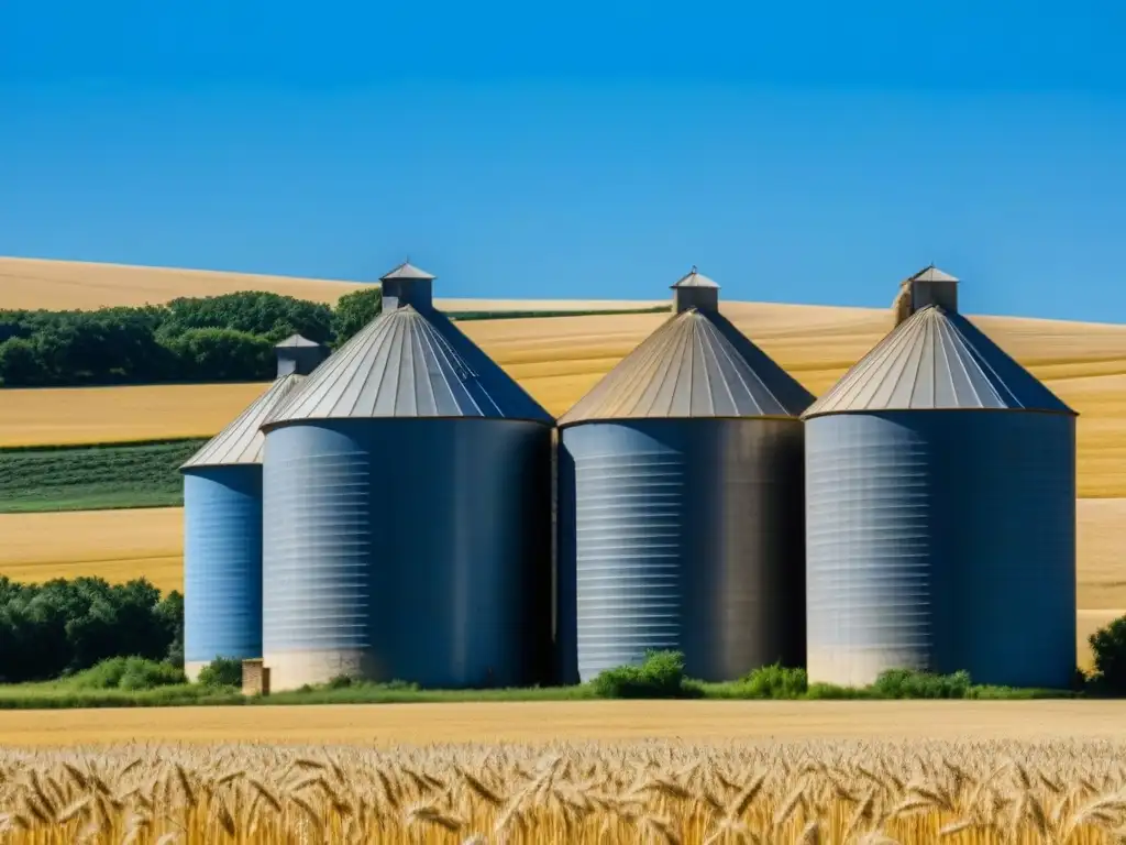 Vista detallada de antiguos silos de granos en un campo de trigo dorado bajo cielo azul