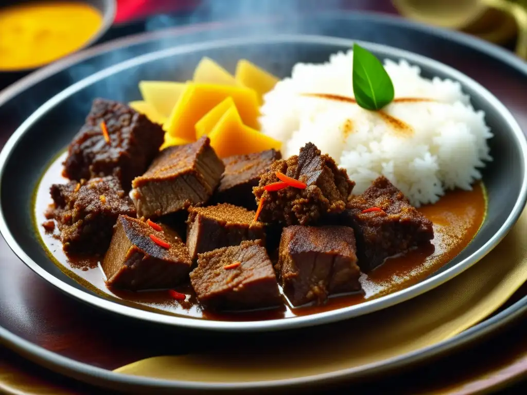 Una vista detallada y apetitosa del plato rendang Minangkabau, resaltando sus especias y tradición culinaria