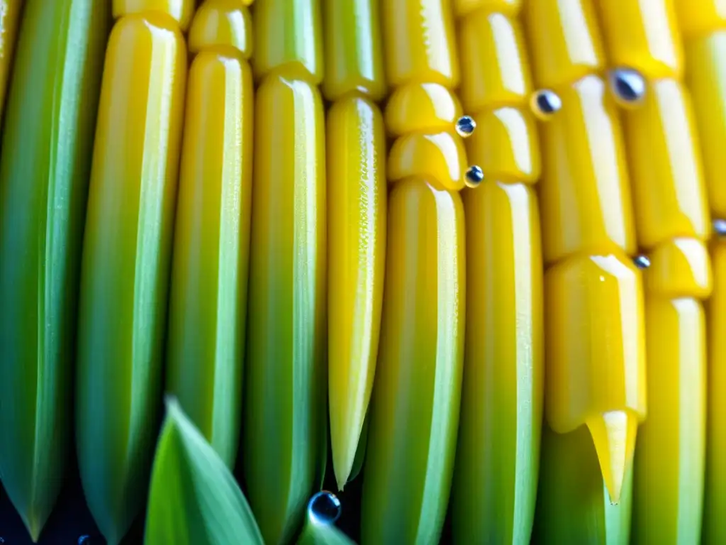 Una vista detallada y cautivadora de granos de maíz recién cosechados con rocío matutino, resaltando la versatilidad del maíz en recetas