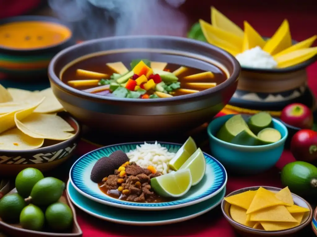 Vista detallada de un festín ceremonial azteca con tamales, pozole y atole, reflejando la importancia de la alimentación en ceremonias aztecas