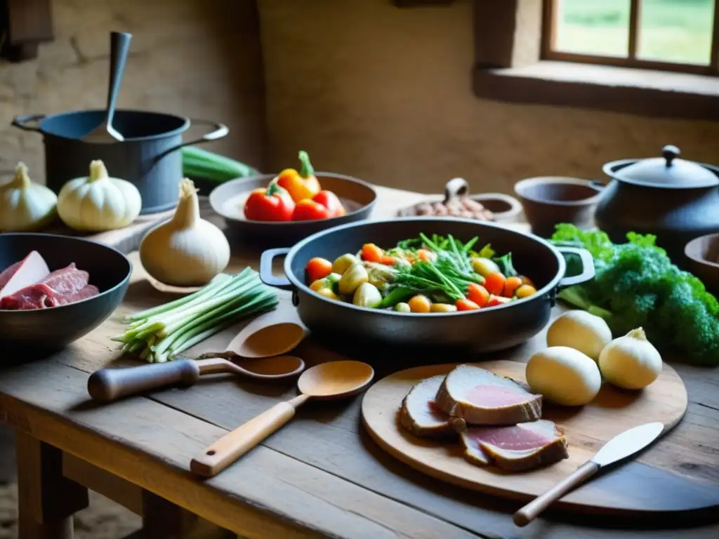 Vista detallada de una cocina medieval con alimentos frescos y utensilios de cocina rústicos