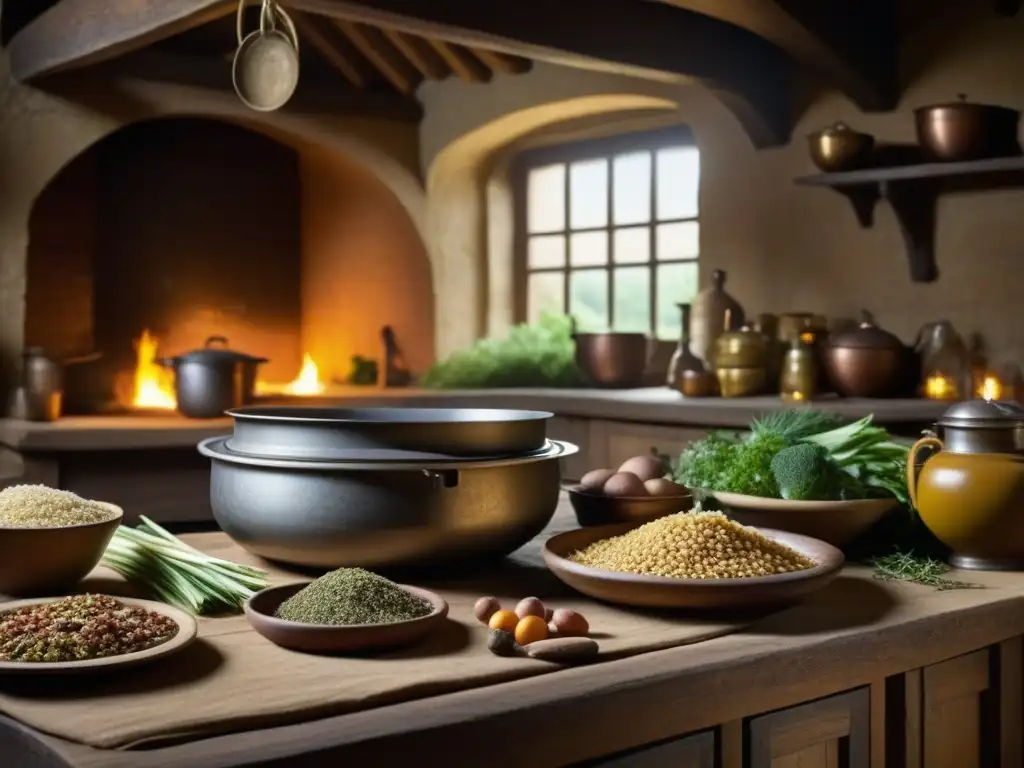 Vista detallada de una cocina en tiempos de guerra en la Europa medieval, resaltando ingredientes y recursos de la época