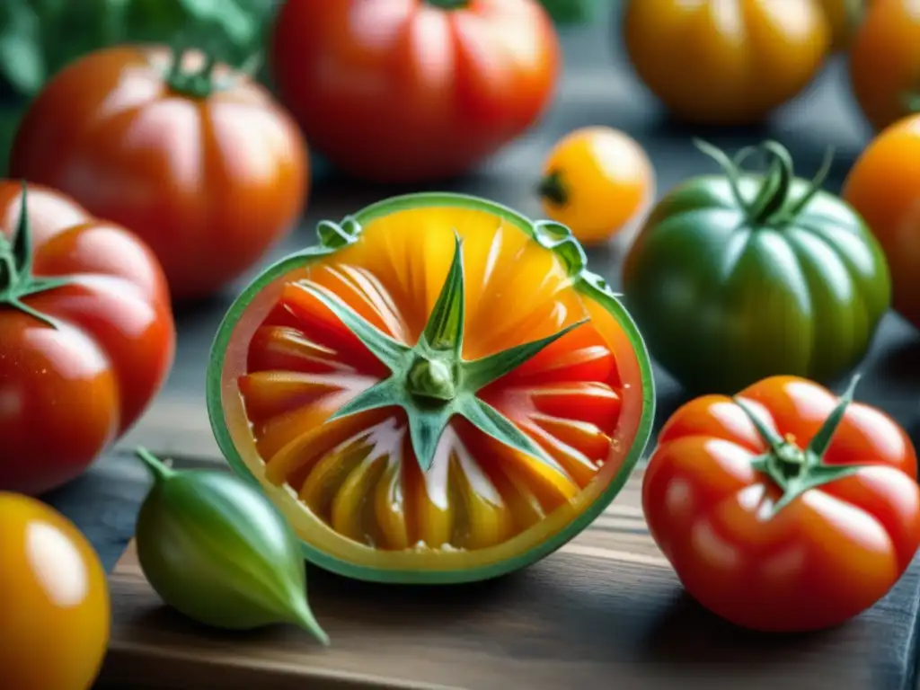 Una vista detallada y colorida de tomates antiguos en tabla de madera