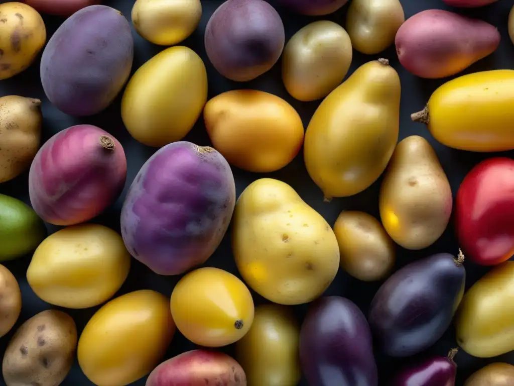 Una vista detallada y colorida de variedades de papas, resaltando su diversidad y belleza