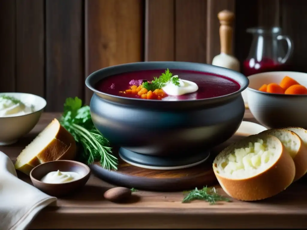 Una vista detallada de un cuenco de borsch rojo humeante, con capas de remolacha, repollo y patatas, crema agria y pan de centeno