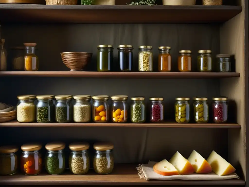 Vista detallada de una despensa medieval con conservas de verduras, carnes curadas, hierbas secas y quesos envejecidos