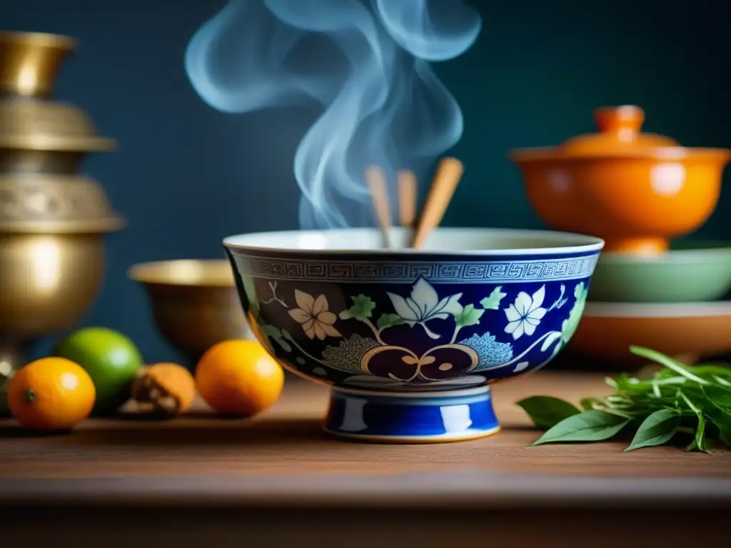 Receta imperial: cuenco de porcelana Ming con especias y frutas Una vista detallada de un exquisito tazón de porcelana de la dinastía Ming lleno de ingredientes coloridos y aromáticos, en una cocina tradicional, evocando la gastronomía de la histórica dinastía Ming