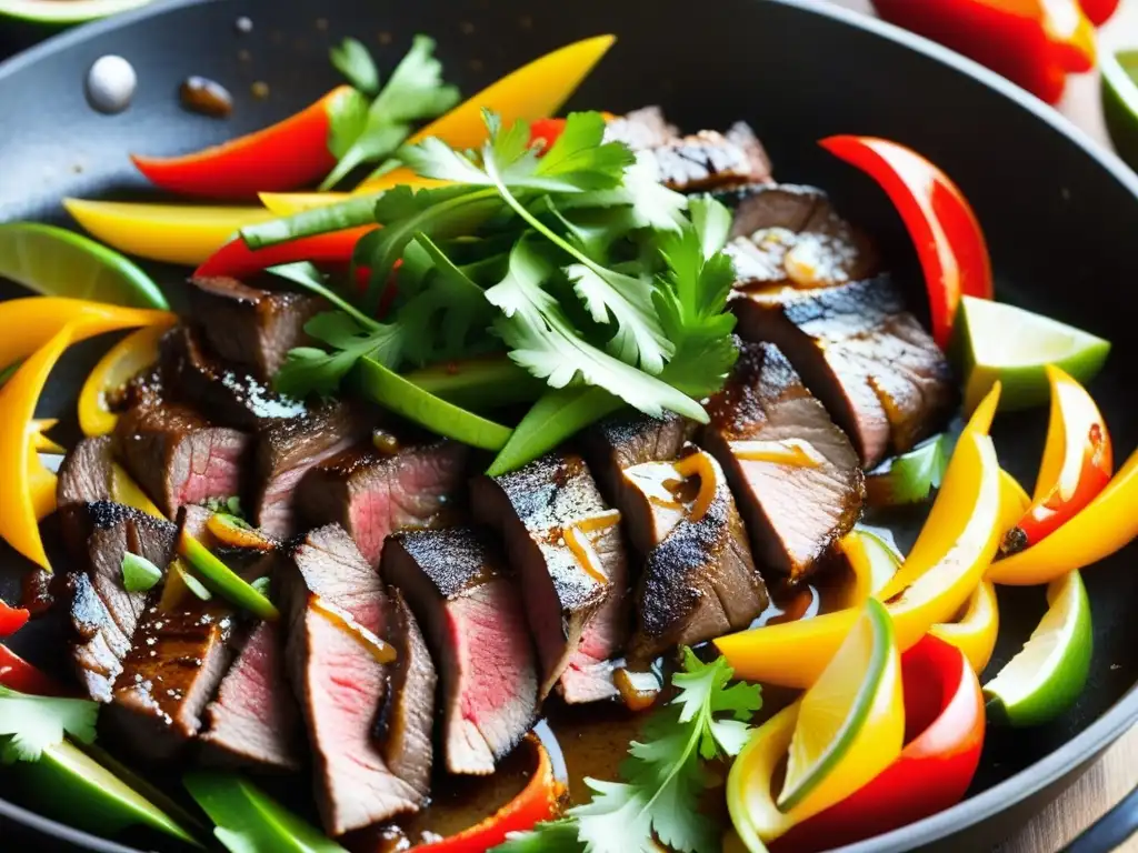 Una vista detallada de una fajita sizzling, con carne, cebolla, pimientos, cilantro y limón