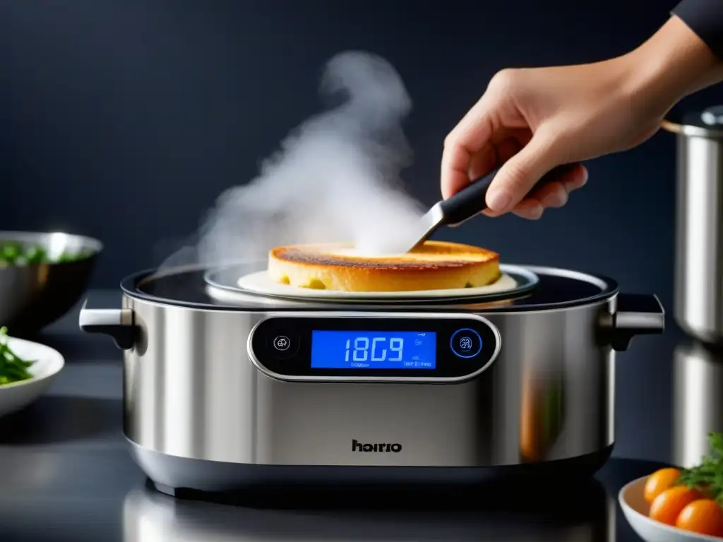 Vista detallada de un gadget de cocina inteligente con tecnología futurista y vapor sobre una comida, fusionando innovación y tradición culinaria