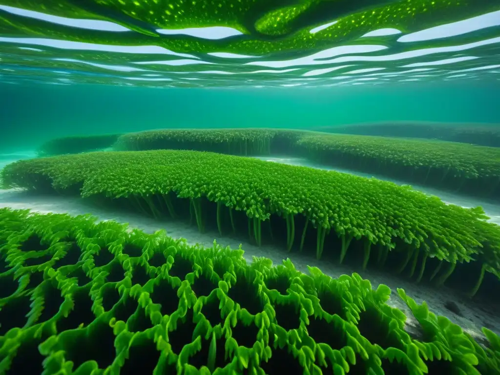 Vista detallada de una granja de algas marinas verdes en el océano, mostrando patrones y texturas intrincados