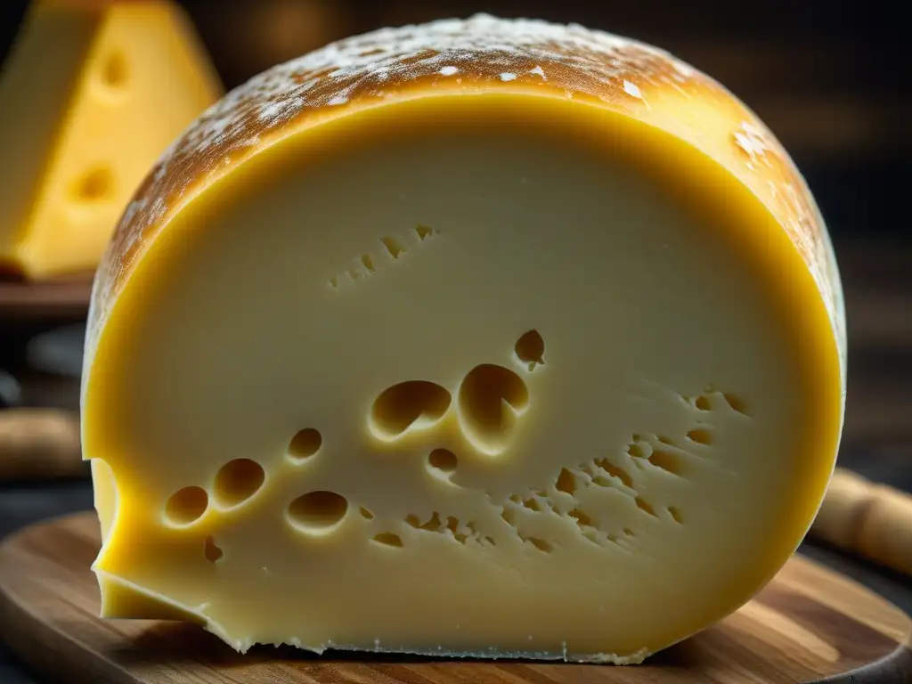 Una vista detallada de una hermosa rueda de queso Parmigiano Reggiano, destacando su estructura cristalina y tono dorado