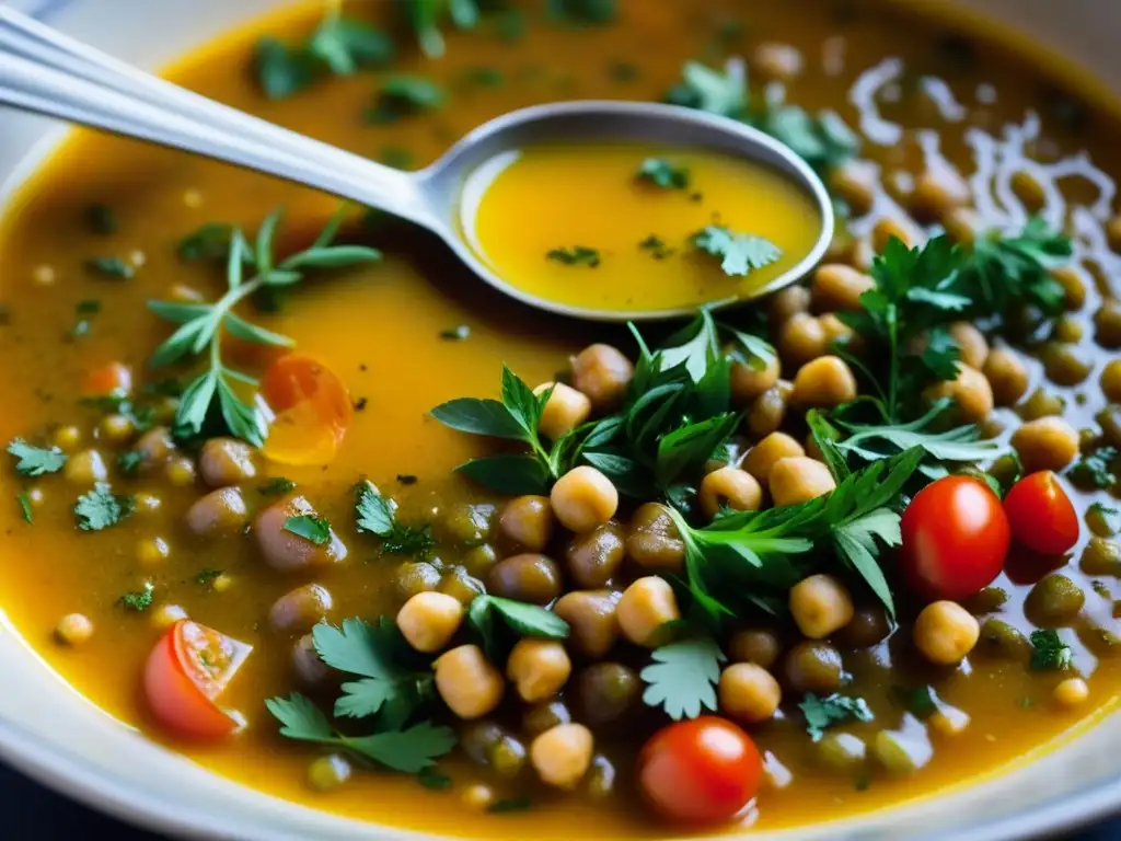 Una vista detallada de una humeante sopa Harira, resaltando sus capas de ingredientes y la historia y significado cultural de Harira