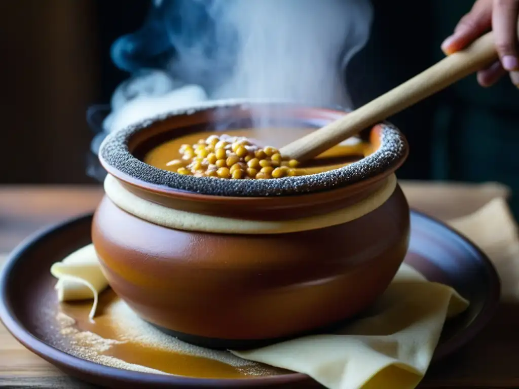 Una vista detallada de un jarro de barro mexicano con atole humeante, capas de masa de maíz, canela y piloncillo