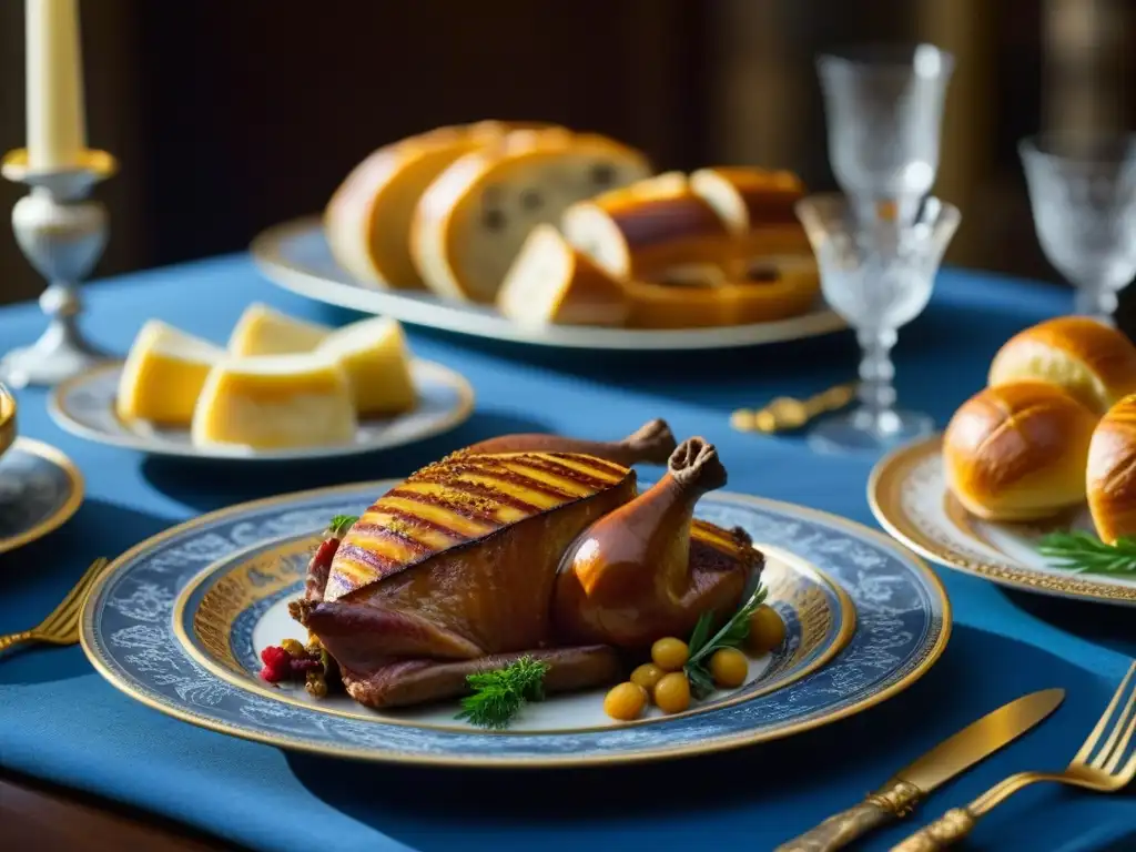 Banquete renacentista: detalle exquisito de mesa y platillos históricos Vista detallada de una mesa renacentista con recetas históricas Renacimiento Siglo XV