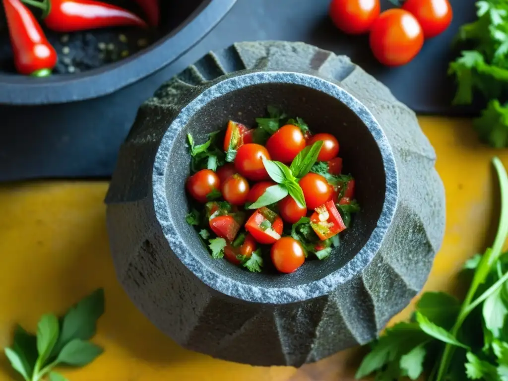 Una vista detallada de un molcajete tradicional con salsa fresca, destacando colores y texturas de ingredientes