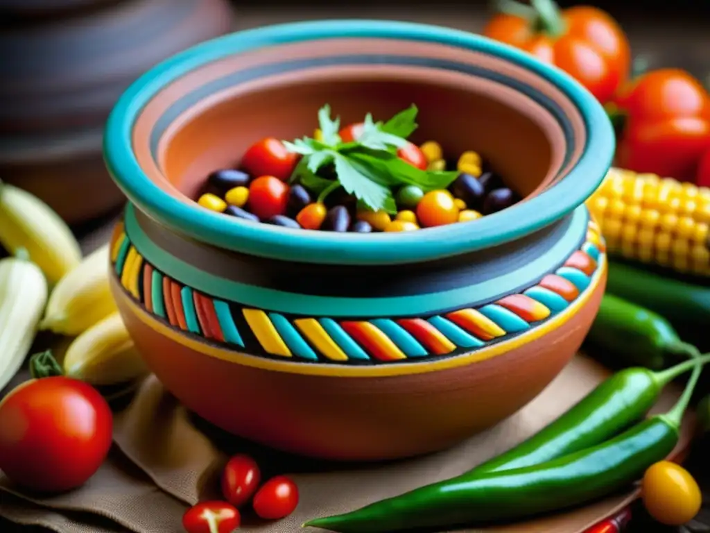 Una vista detallada de una olla azteca con ingredientes coloridos, resaltando la dieta y nutrición sociedad azteca