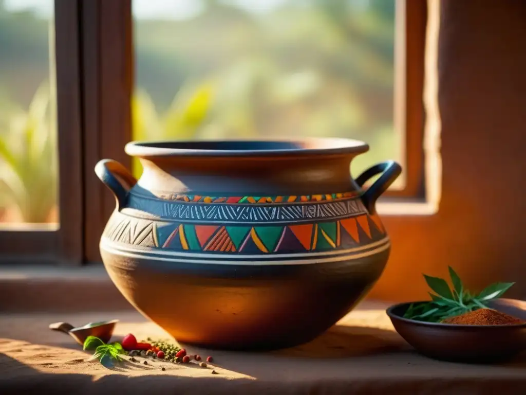 Vista detallada de una olla de cocina africana tradicional con especias esparcidas, simbolizando la historia cultural moderna de la cocina africana