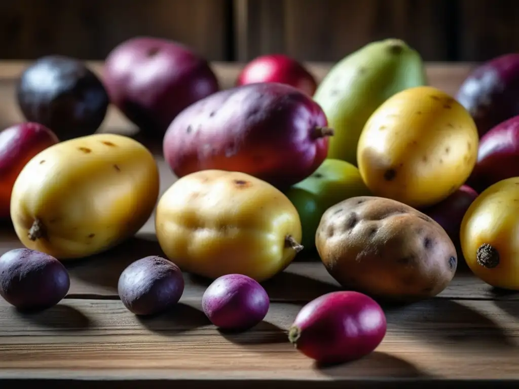 Una vista detallada de papas andinas coloridas en una mesa rústica, resaltando sus formas, tamaños y texturas