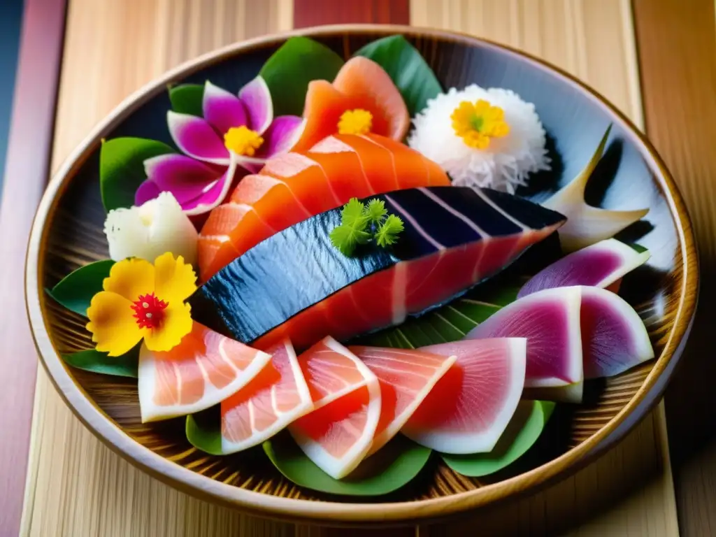 Una vista detallada de un plato japonés de la Era Edo con sashimi de atún, salmón y calamar, mostrando la belleza de la dieta Edo con pescados