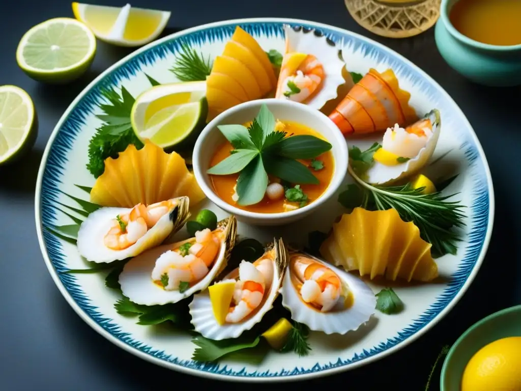 Una vista detallada de un plato repleto de mariscos exquisitamente dispuestos, resaltando su significado cultural mariscos Biblia