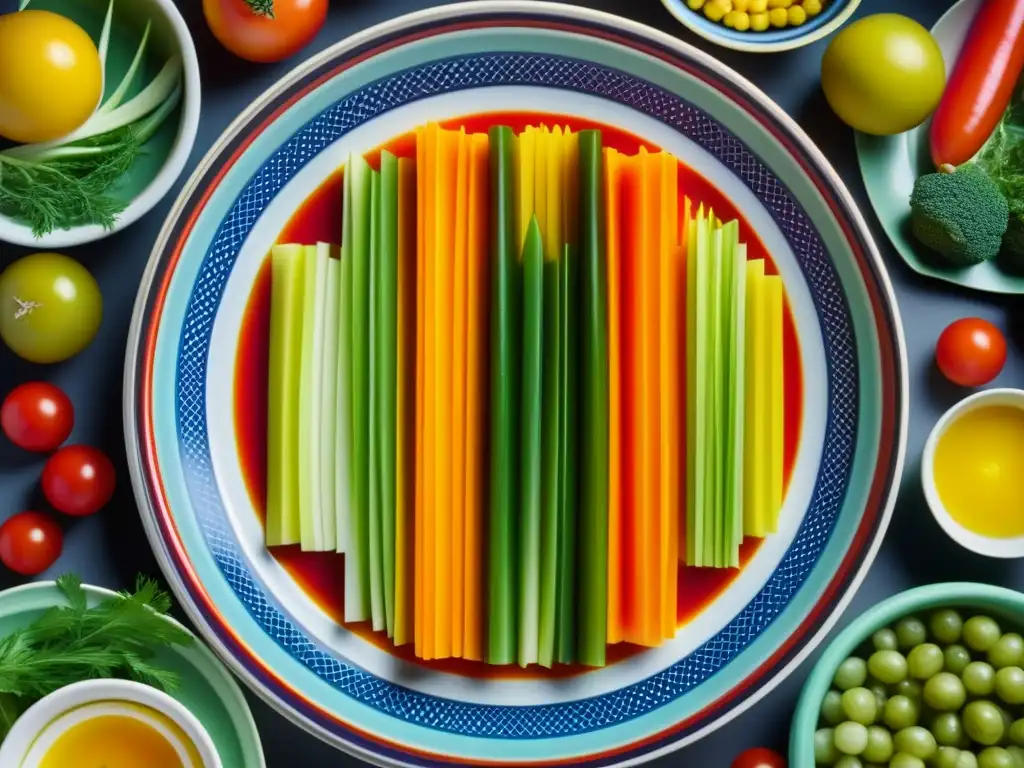 Una vista detallada de un plato soviético con influencia política, resaltando colores y texturas de vegetales encurtidos