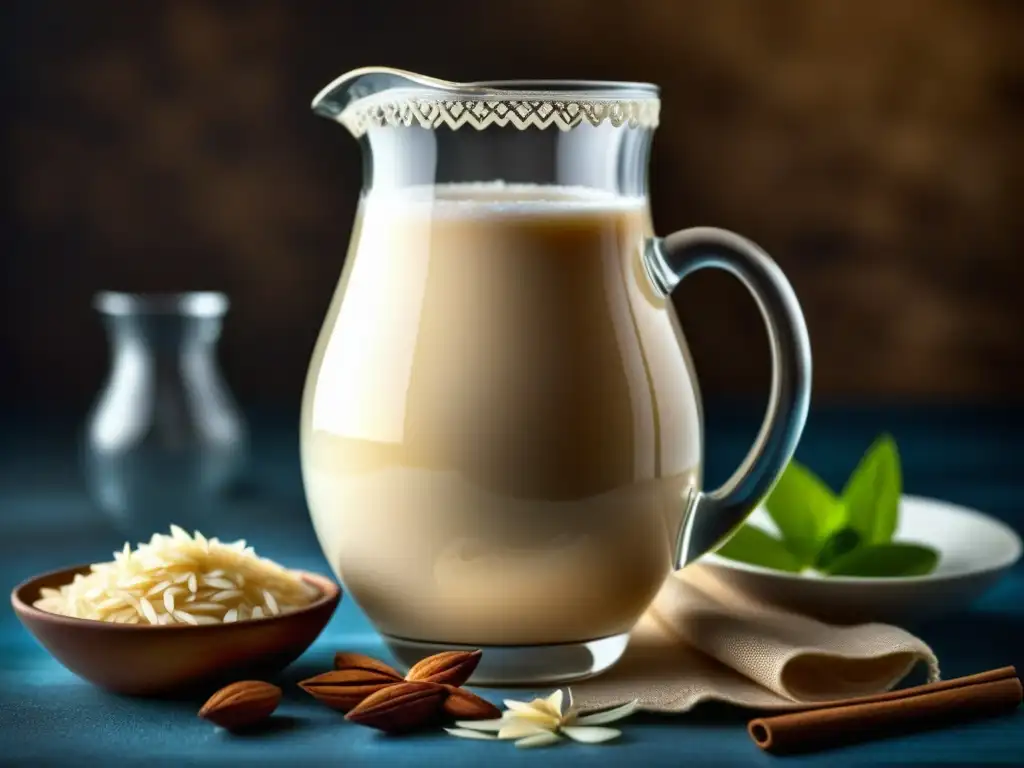 Una vista detallada de una refrescante horchata mexicana en jarra de vidrio, resaltando sus capas de arroz, canela, vainilla y almendras