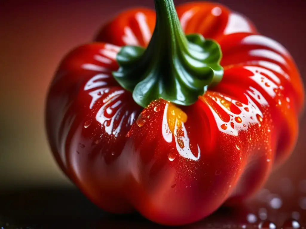 Una vista detallada de un chile habanero rojo brillante, con piel arrugada y gotas de agua, bajo luces intensas