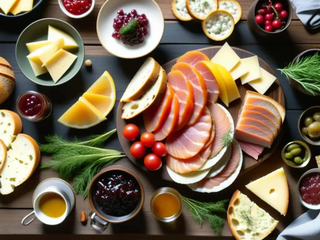 Una vista detallada de un smorgasbord escandinavo en una mesa rústica, resaltando colores y texturas