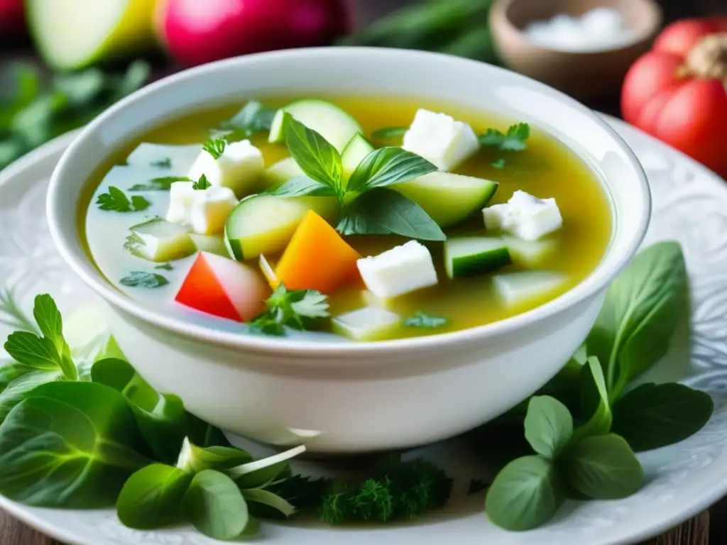 Una vista detallada de una taza de sopa fría rusa Okroshka, con vibrantes verduras en un caldo de kéfir, decorada con menta fresca y crema agria