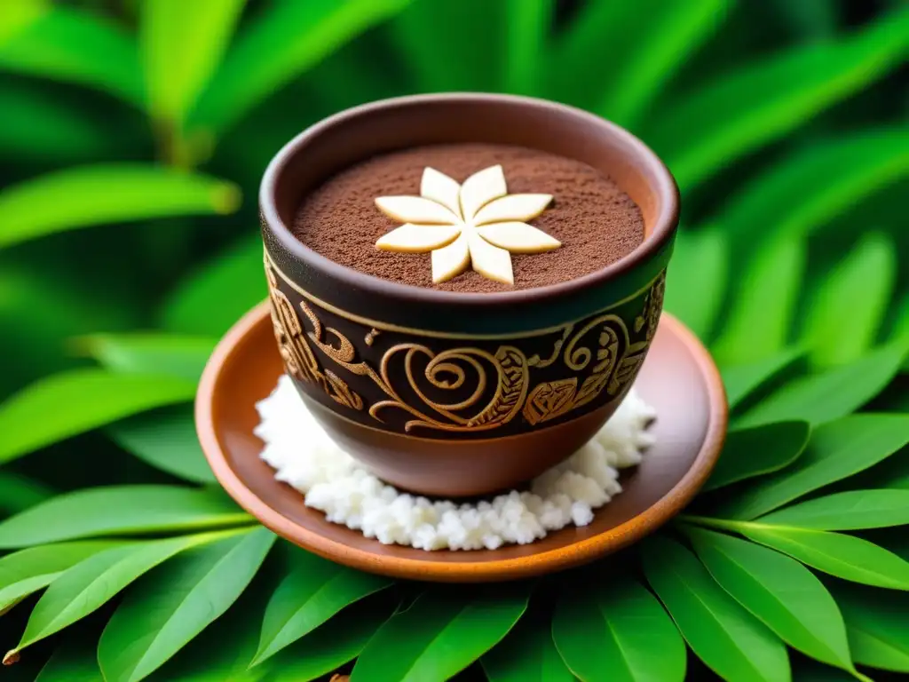 Una vista detallada de una taza maya con chocolate, espuma y cacao, resaltando la importancia cultural del chocolate para los mayas