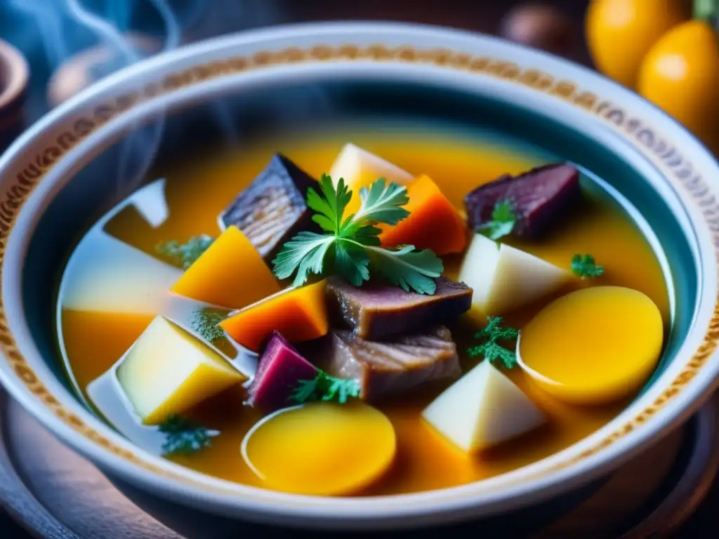 Una vista detallada de una taza de sopa vikinga tradicional humeante, con ingredientes coloridos y texturas vibrantes