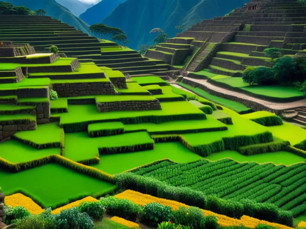 Vista detallada de terrazas agrícolas incas, resaltando su construcción precisa y prácticas agrícolas sostenibles Incas