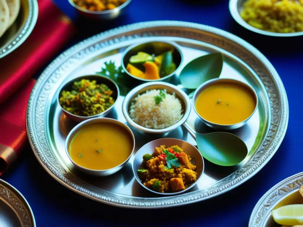 Una vista detallada de un thali de plata con platos rajasthaníes, evocando recetas históricas de Rajastán