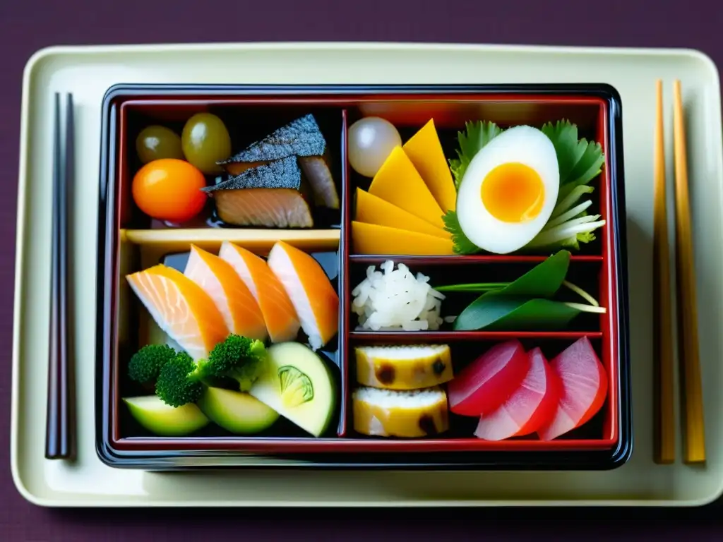 Una vista detallada de un tradicional bento japonés, reflejando la precisión y armonía de la dieta samurái