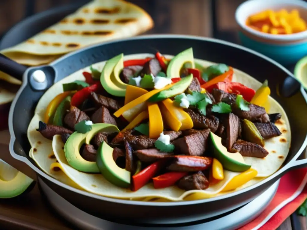 Una vista detallada y vibrante de una sartén humeante con fajitas, reflejando la esencia de la Cocina TexMex en celebraciones familiares