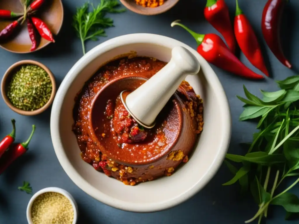 Una vista detallada y vibrante de un mortero tradicional tunecino con pasta casera de harissa roja