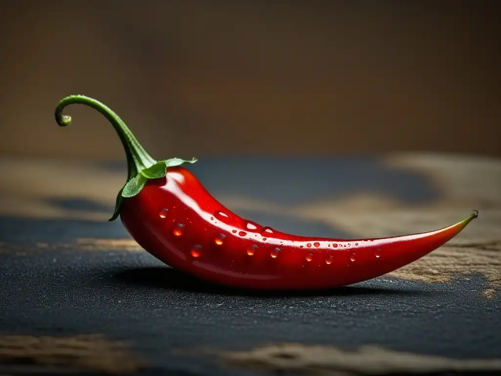 Una vista detallada de un vibrante chile rojo con gotas de agua, sobre un fondo rústico