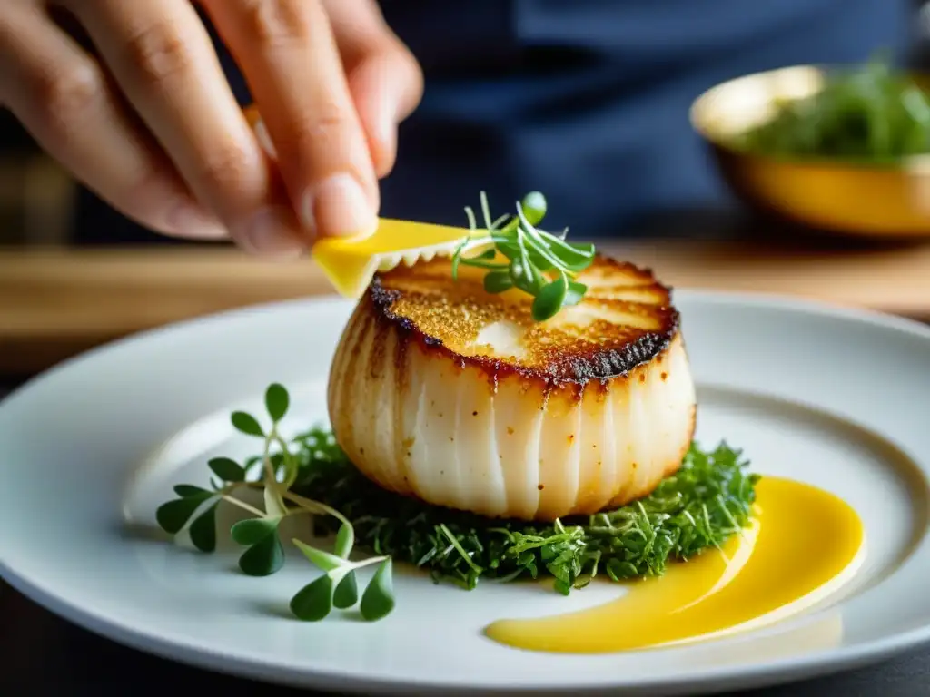 Una vista detallada de una vieira perfectamente sellada, adornada con microgreens, en un elegante plato blanco en una cocina profesional