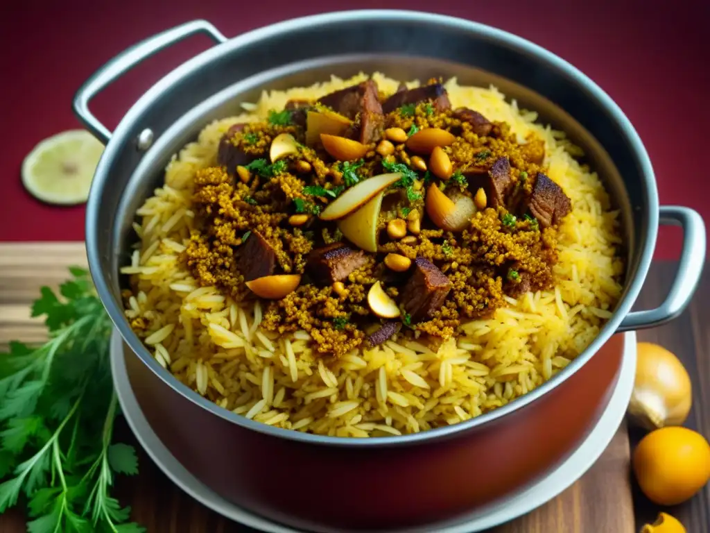 Deléitate con la vista de un exquisito Biryani, destacando sus capas de arroz especiado, carne tierna y cebollas caramelizadas