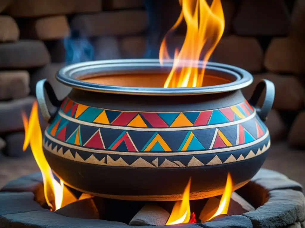 Una vista impresionante de un kero Inca decorado con símbolos antiguos y patrones coloridos, frente a una chimenea de piedra rústica