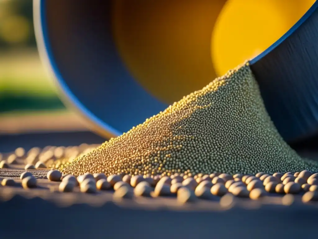 Vista macro de un silo de arcilla lleno de granos dorados, resaltando la importancia de los silos tradicionales en la sostenibilidad alimentaria