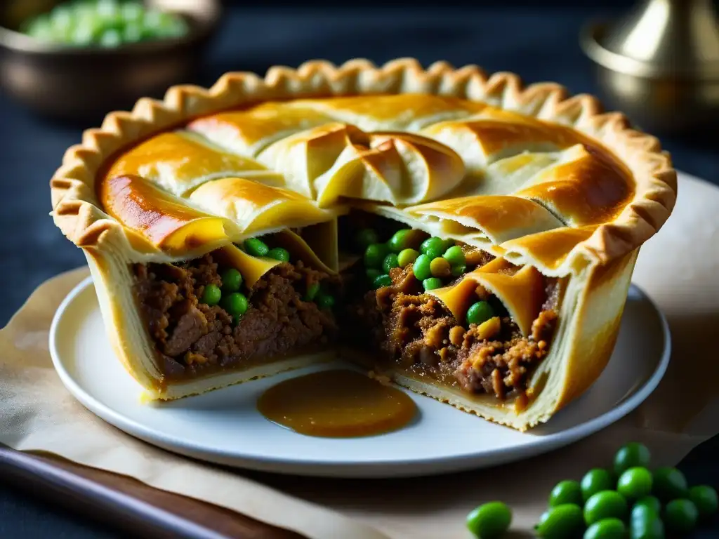 Deléitate con la vista de un pastel de carne recién horneado, mostrando capas doradas y un relleno sabroso de carne condimentada, cebolla y guisantes