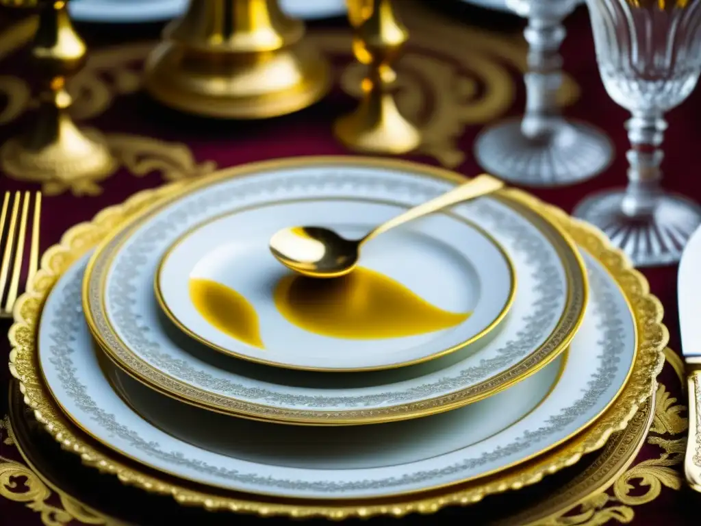 Exquisita vajilla real del siglo XVIII: lujo histórico Una vista en primer plano de un lujoso juego de mesa real del siglo XVIII, evocando la historia, la gastronomía y el lujo de la época