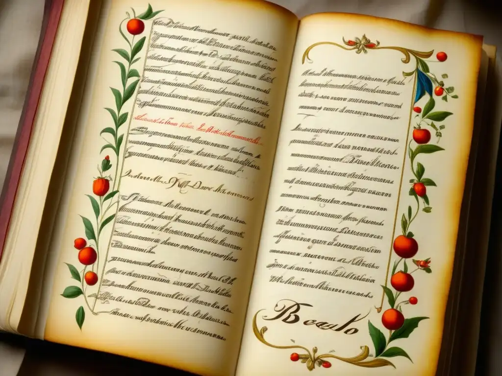 Un vistazo cautivador a un antiguo libro de recetas medievales en Europa, con caligrafía elegante y detalles vibrantes