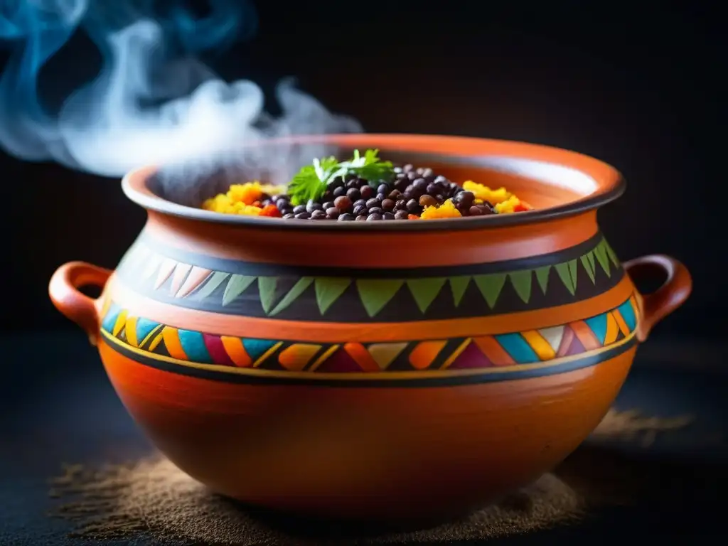 Olla precolombina con estofado andino: detalle y color Un vistazo detallado a una olla de barro precolombina llena de un guiso colorido y texturizado, resaltando recetas ancestrales detalladas
