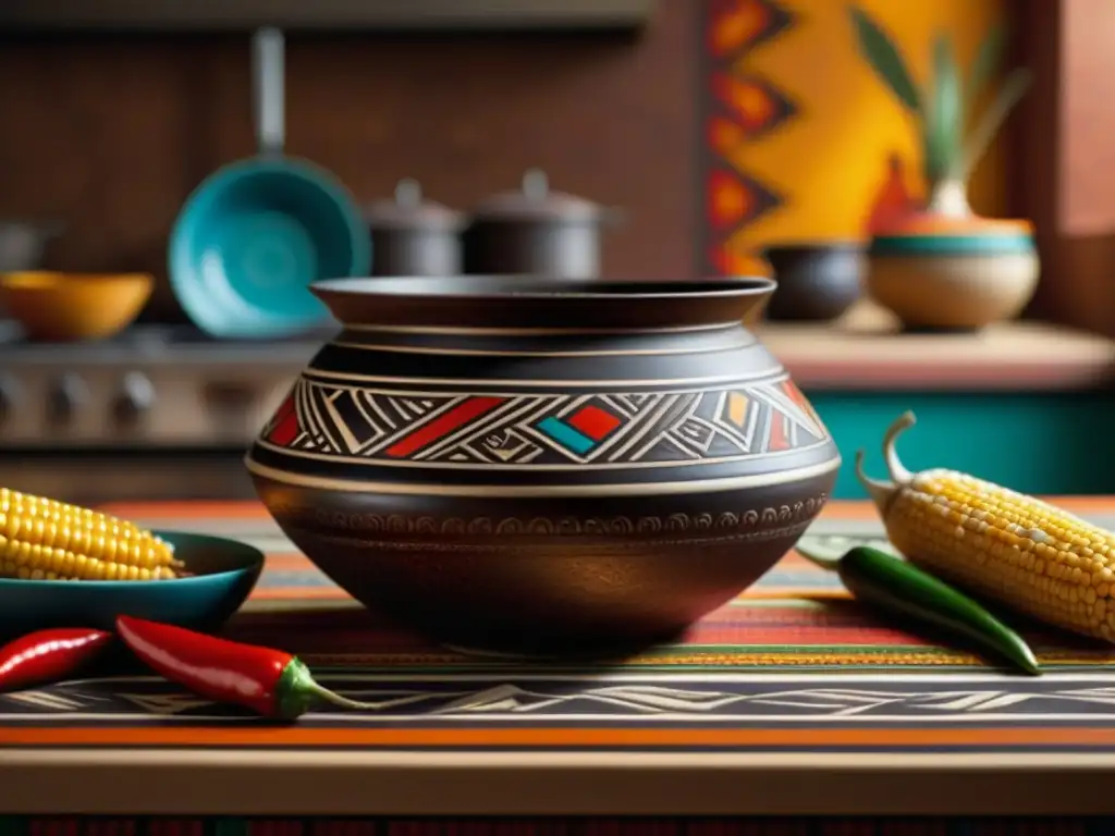 Un vistazo detallado a un recipiente de cocina azteca con ingredientes antiguos y un fondo de una cocina mexicana moderna