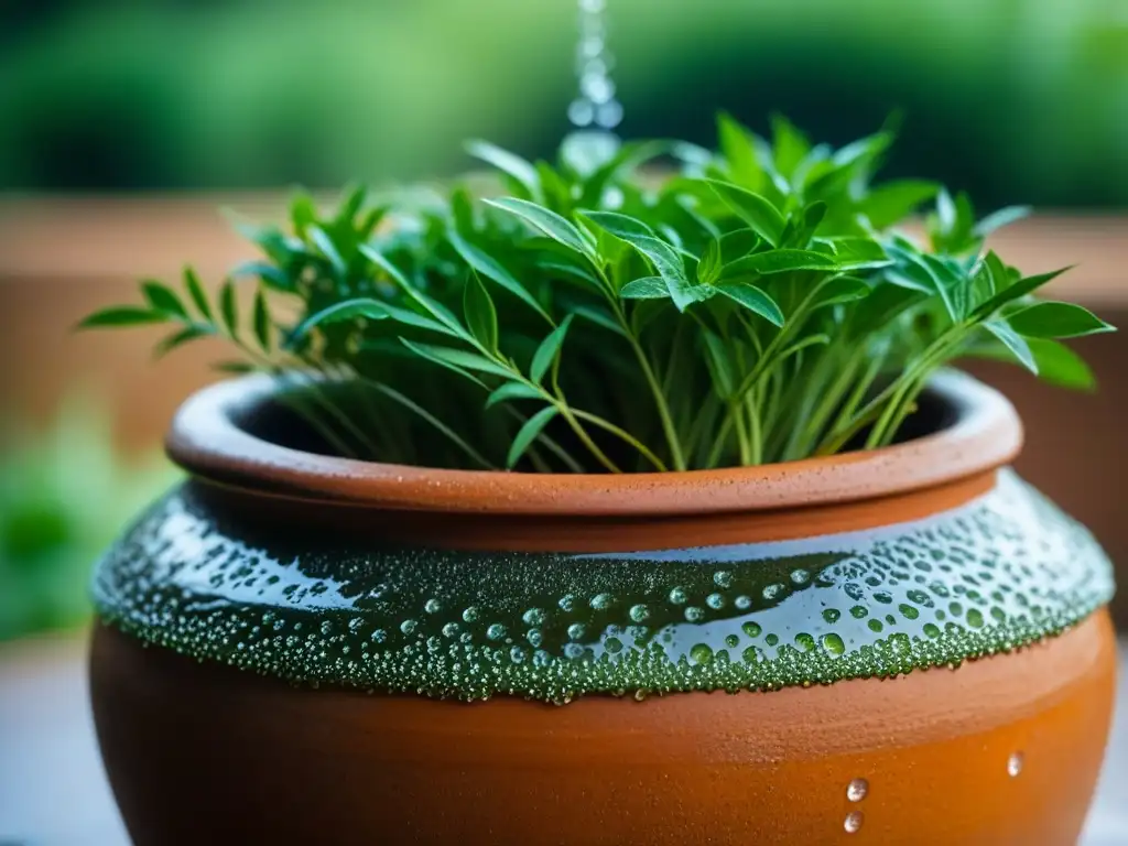 Un vistazo detallado a una vasija de barro con agua fresca y hierbas flotando